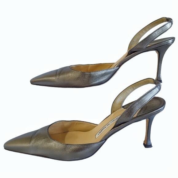 MANOLO BLAHNIK Sling Back High Heels US Size 9 Gray Metallic Leather EU Size 40 - Picture 4 of 8